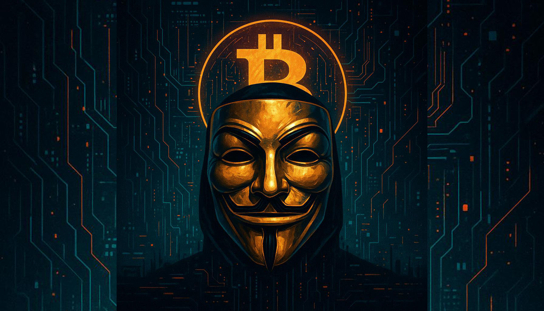 Bitcoin logo with mysterious anonymous figure background